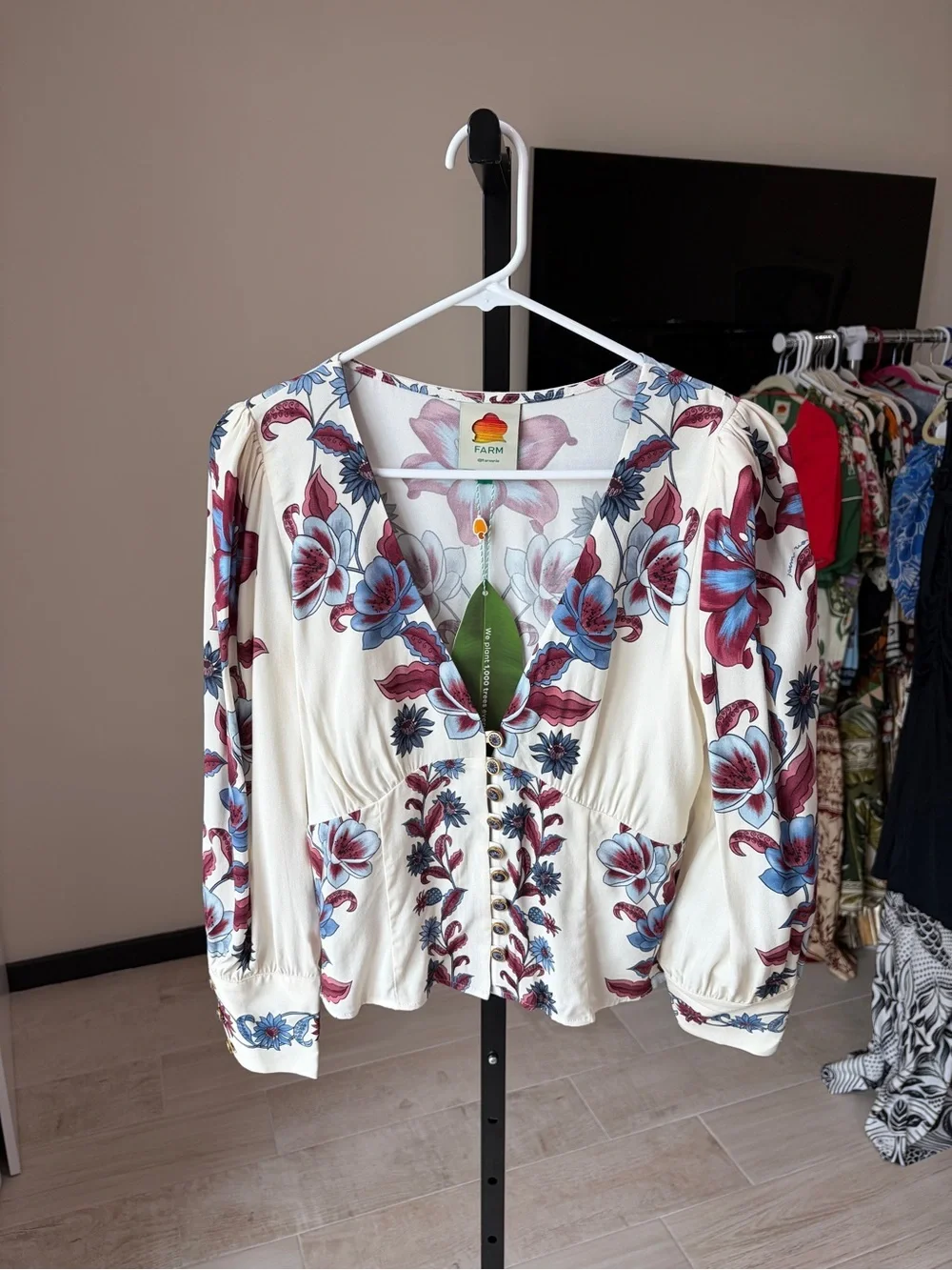 Floral V-Neck Button-Front Blouse - Cream with Blue & Red Bloom